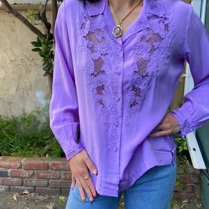 Hand embroidered silk western collar long sleeve blouse in the color purple